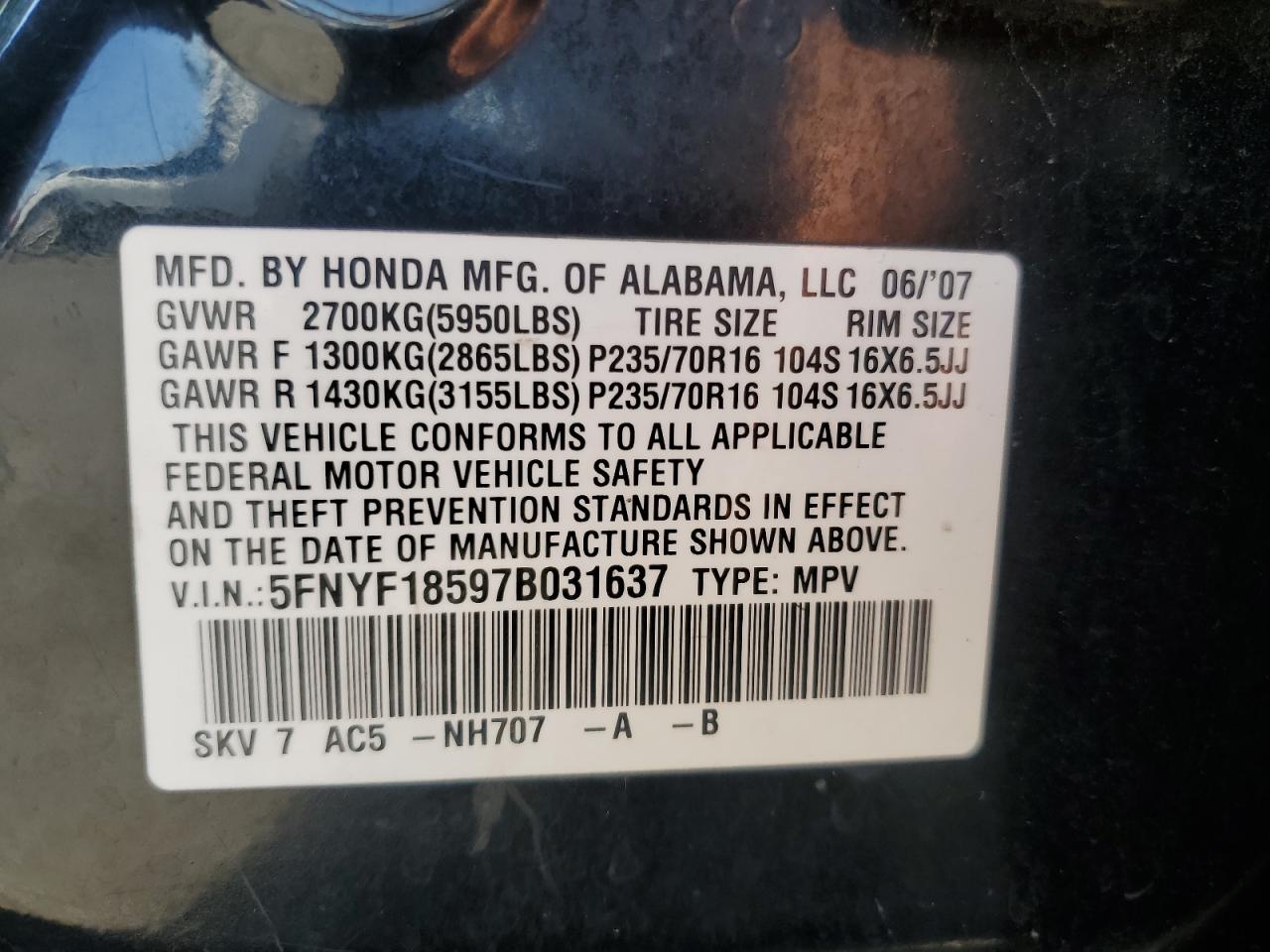 2007 Honda Pilot Exl VIN: 5FNYF18597B031637 Lot: 80339655