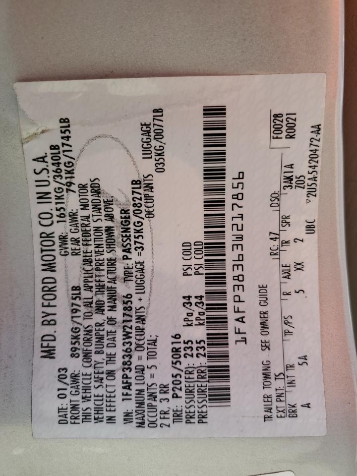 2003 Ford Focus Zts VIN: 1FAFP38363W217856 Lot: 81258845