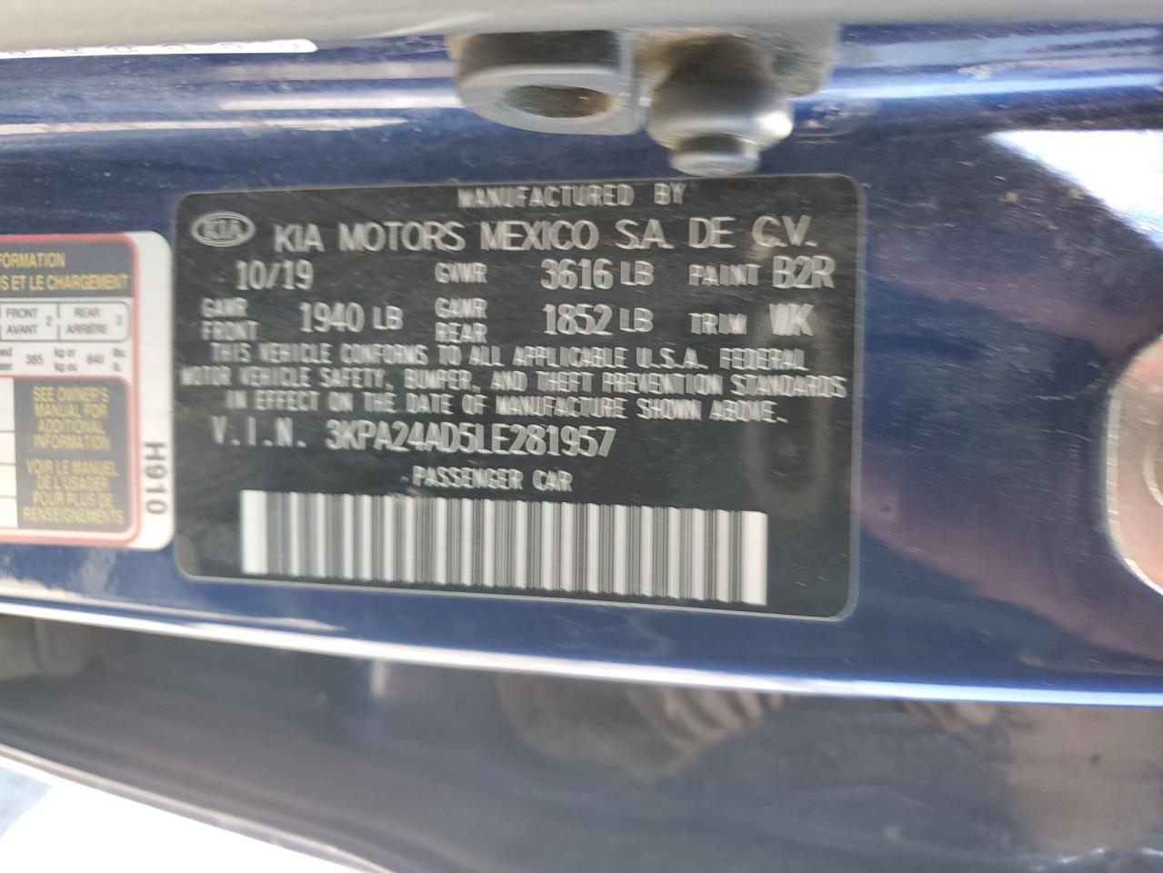 2020 Kia Rio Lx VIN: 3KPA24AD5LE281957 Lot: 71309615