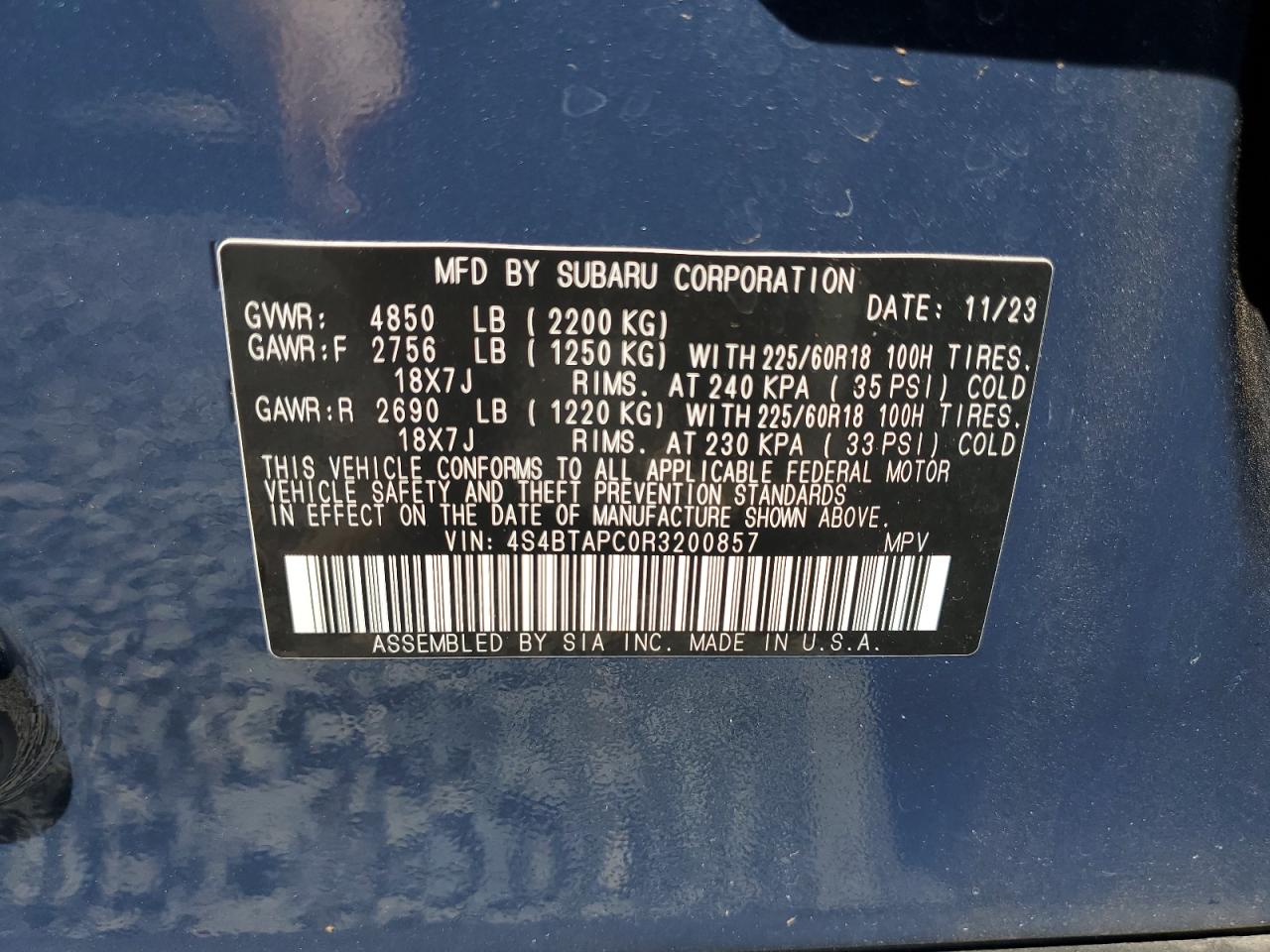 2024 Subaru Outback Touring VIN: 4S4BTAPC0R3200857 Lot: 80124205