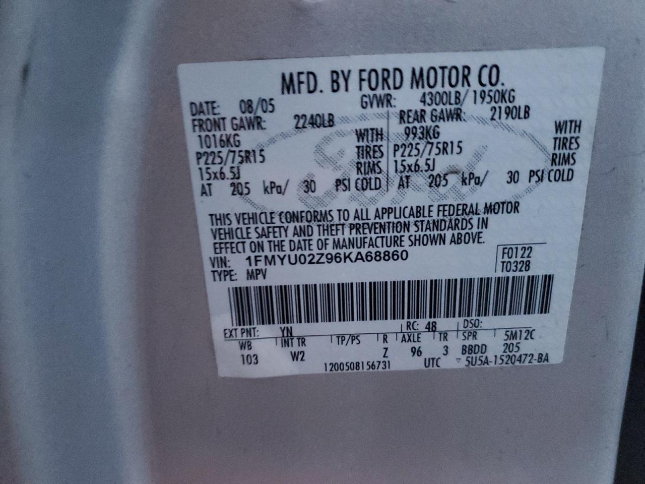 2006 Ford Escape Xls VIN: 1FMYU02Z96KA68860 Lot: 83819515