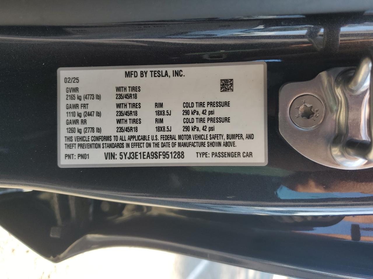 2025 Tesla Model 3 VIN: 5YJ3E1EA9SF951288 Lot: 81112765