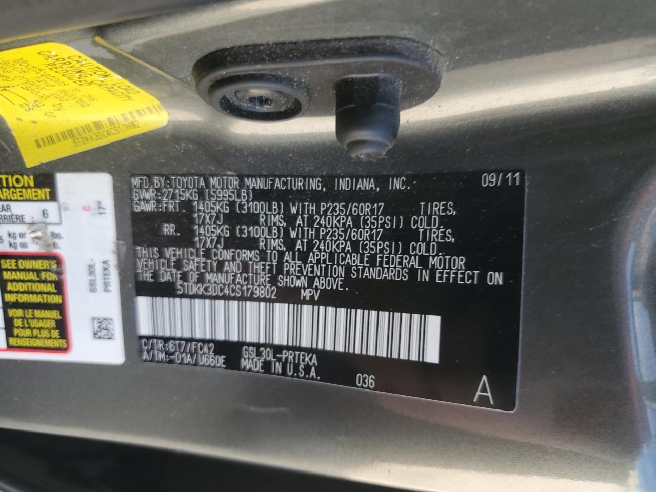 2012 Toyota Sienna Le VIN: 5TDKK3DC4CS179802 Lot: 84264155