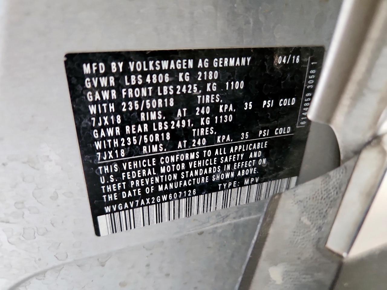 2016 Volkswagen Tiguan S VIN: WVGAV7AX2GW607126 Lot: 71995115