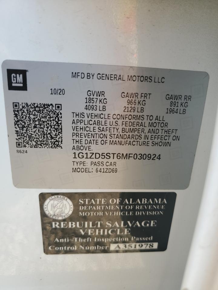 2021 Chevrolet Malibu Lt VIN: 1G1ZD5ST6MF030924 Lot: 80247655