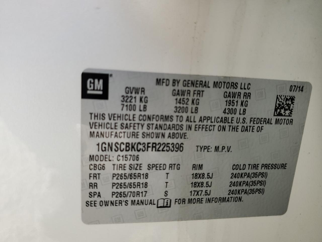 2015 Chevrolet Tahoe C1500 Lt VIN: 1GNSCBKC3FR225396 Lot: 80986675