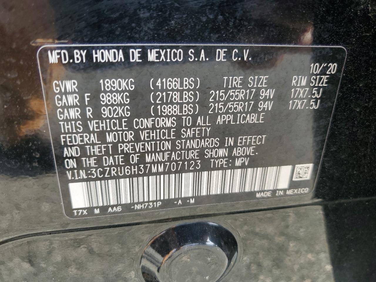 2021 Honda Hr-V Lx VIN: 3CZRU6H37MM707123 Lot: 71565185