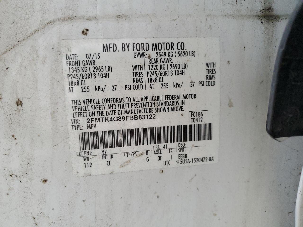 2015 Ford Edge Se VIN: 2FMTK4G89FBB83122 Lot: 71292165