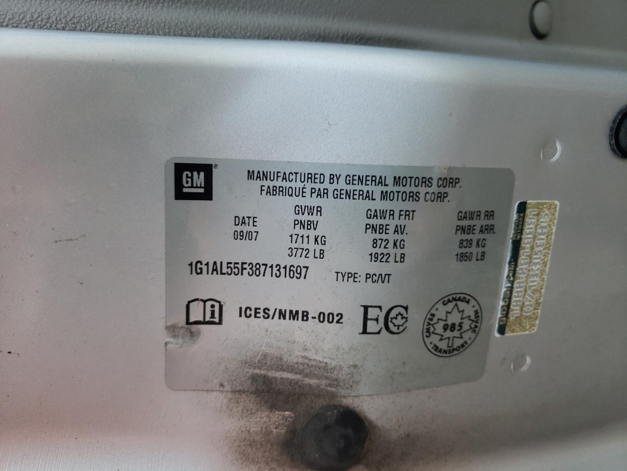 2008 Chevrolet Cobalt Lt VIN: 1G1AL55F387131697 Lot: 80867215