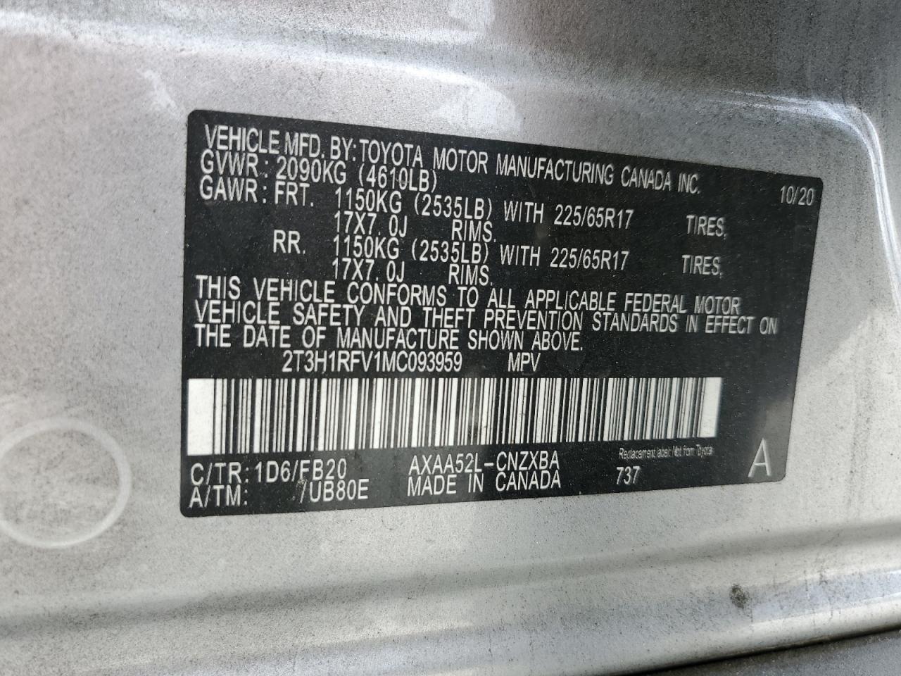 2021 Toyota Rav4 Le VIN: 2T3H1RFV1MC093959 Lot: 81833105