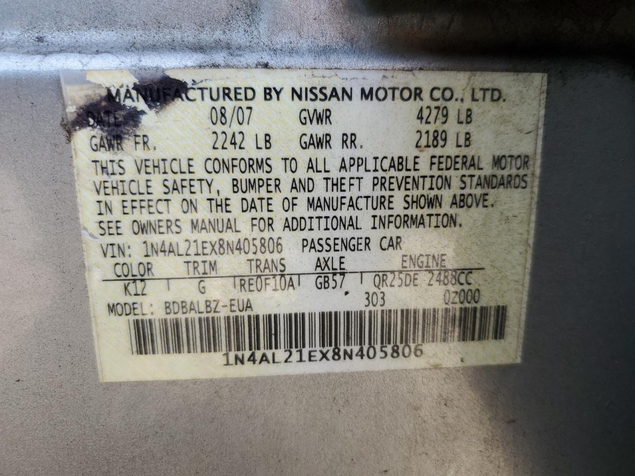 2008 Nissan Altima 2.5 VIN: 1N4AL21EX8N405806 Lot: 83923385