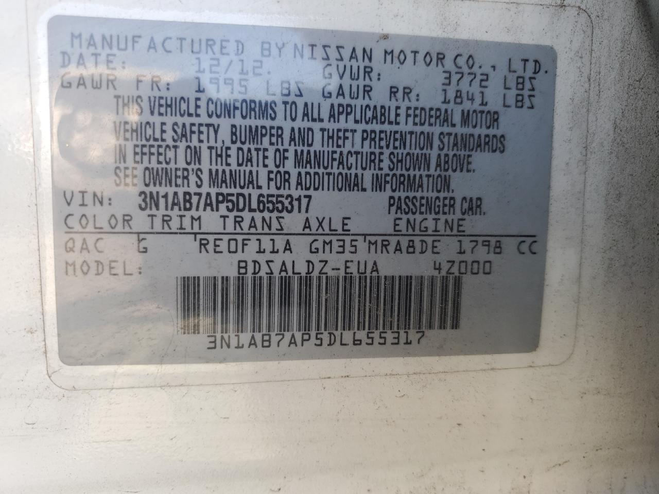 2013 Nissan Sentra S VIN: 3N1AB7AP5DL655317 Lot: 71800935