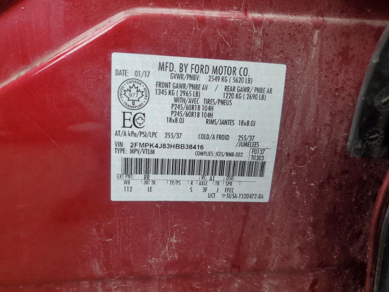 2017 Ford Edge Sel VIN: 2FMPK4J83HBB38416 Lot: 80142395