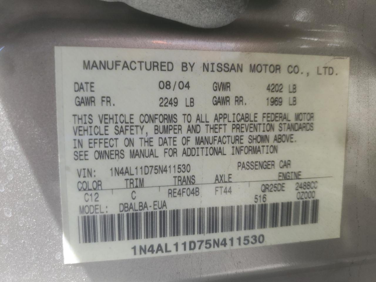 2005 Nissan Altima S VIN: 1N4AL11D75N411530 Lot: 80378375