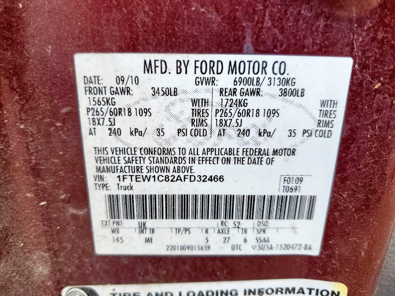 2010 Ford F150 Supercrew VIN: 1FTEW1C82AFD32466 Lot: 84461065