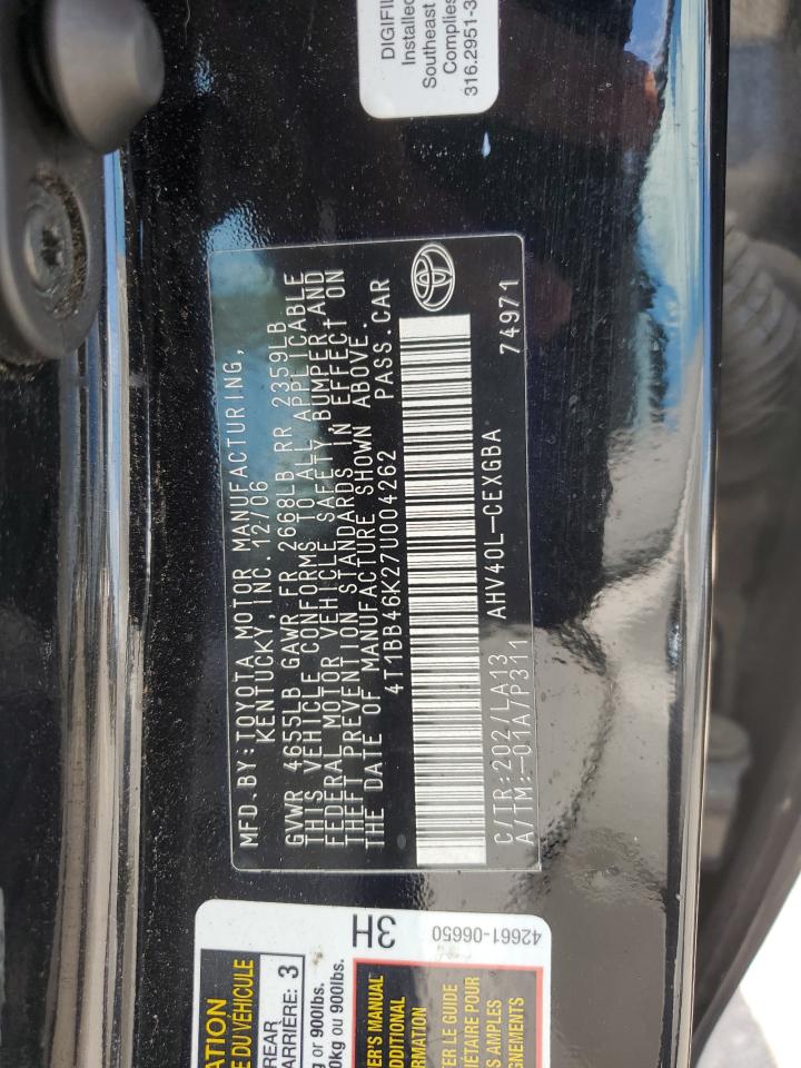 2007 Toyota Camry Hybrid VIN: 4T1BB46K27U004262 Lot: 80681195