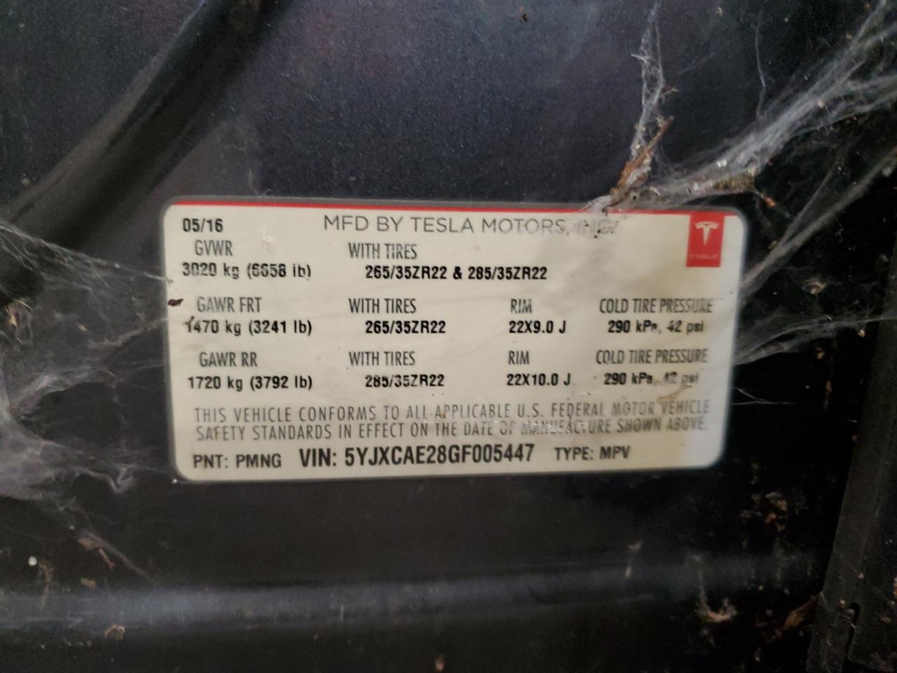 2016 Tesla Model X VIN: 5YJXCAE28GF005447 Lot: 71860275