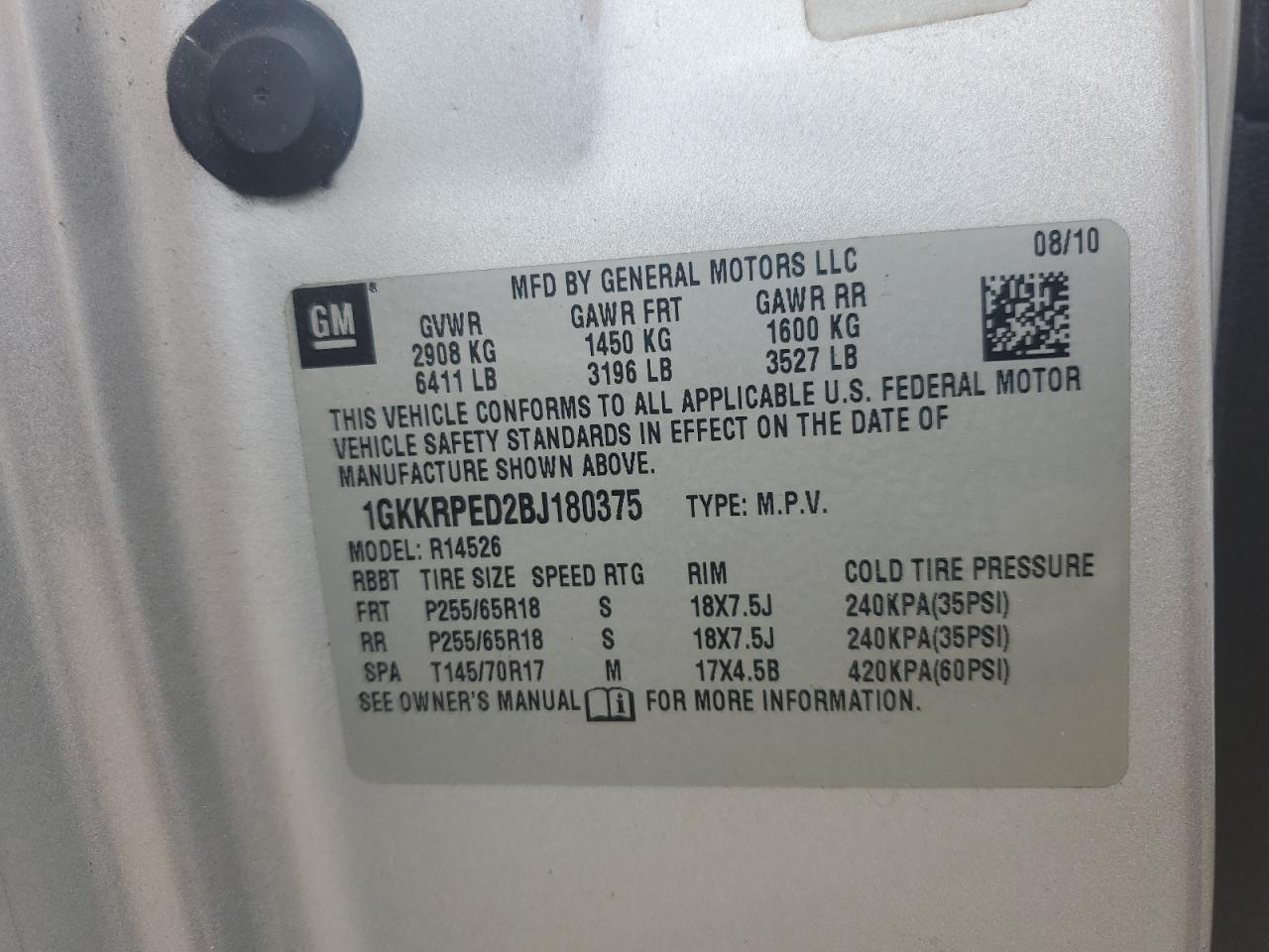 2011 GMC Acadia Sle VIN: 1GKKRPED2BJ180375 Lot: 84467855