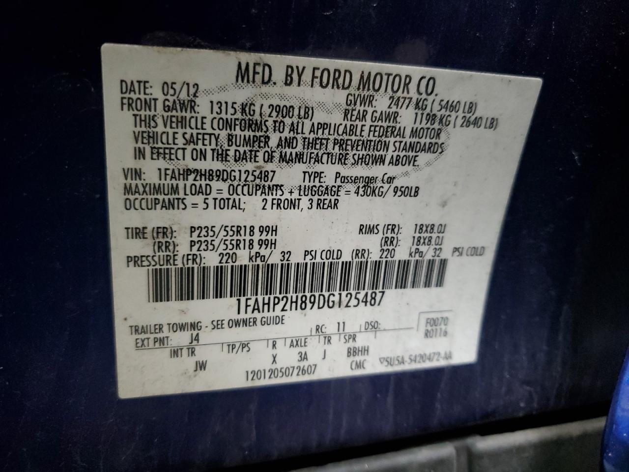2013 Ford Taurus Sel VIN: 1FAHP2H89DG125487 Lot: 71613905