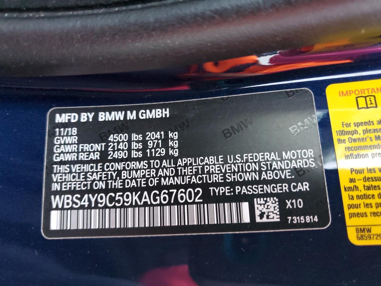 2019 BMW M4 VIN: WBS4Y9C59KAG67602 Lot: 82122545