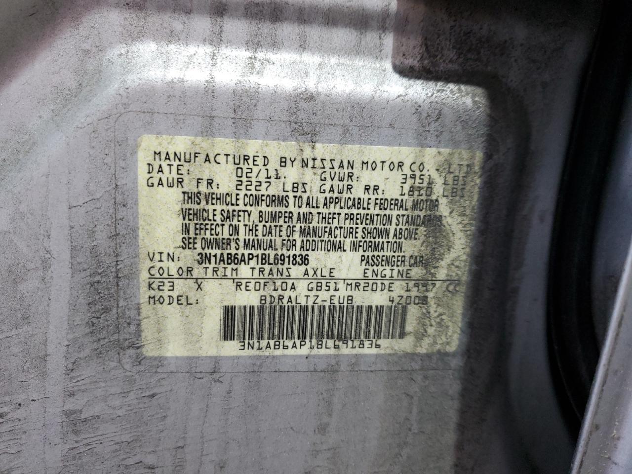 2011 Nissan Sentra 2.0 VIN: 3N1AB6AP1BL691836 Lot: 84188735