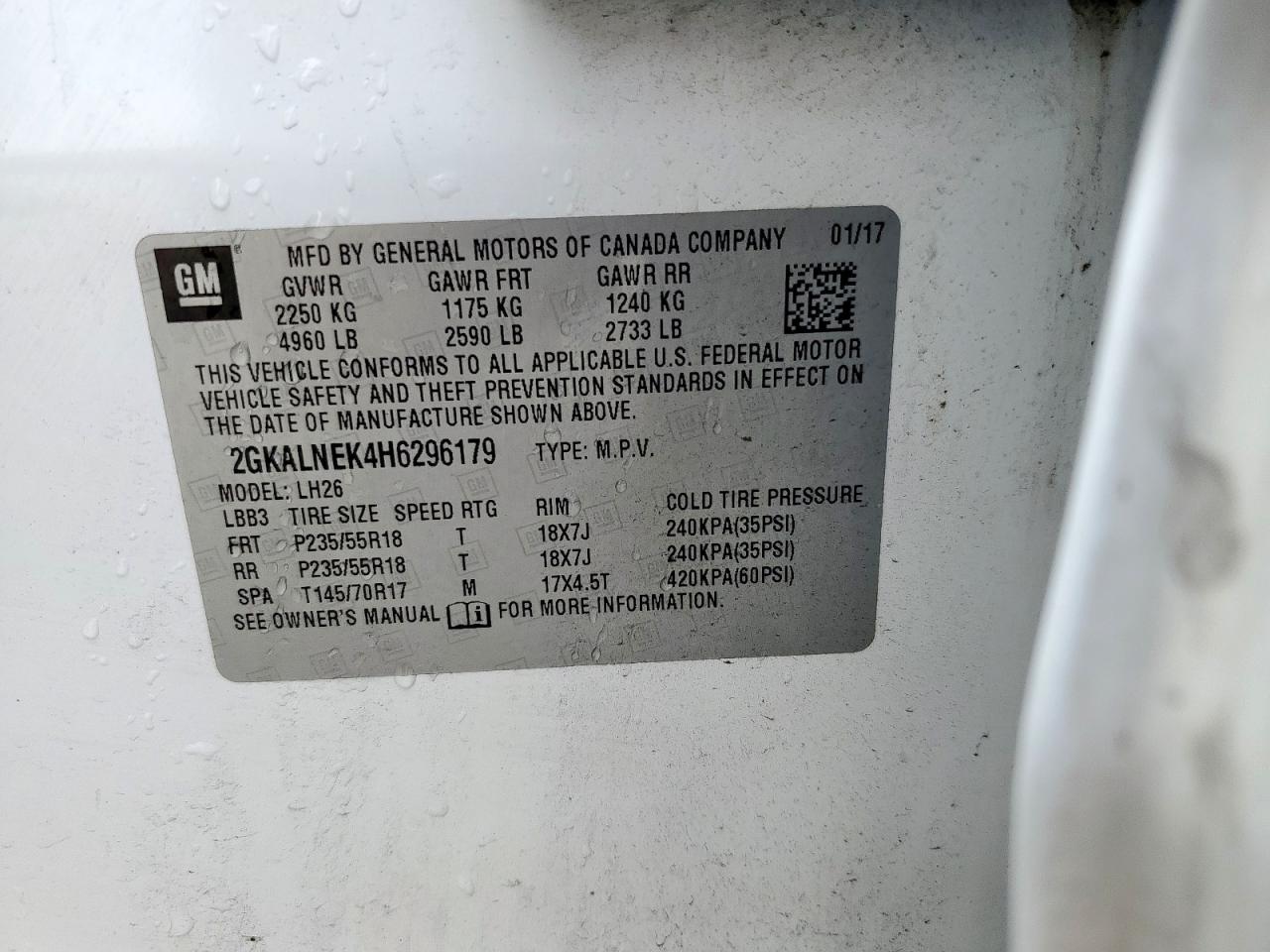 2017 GMC Terrain Sle VIN: 2GKALNEK4H6296179 Lot: 81316365