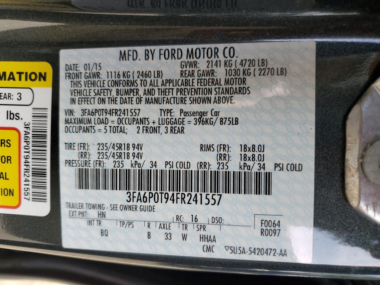 2015 Ford Fusion Se VIN: 3FA6P0T94FR241557 Lot: 84781565