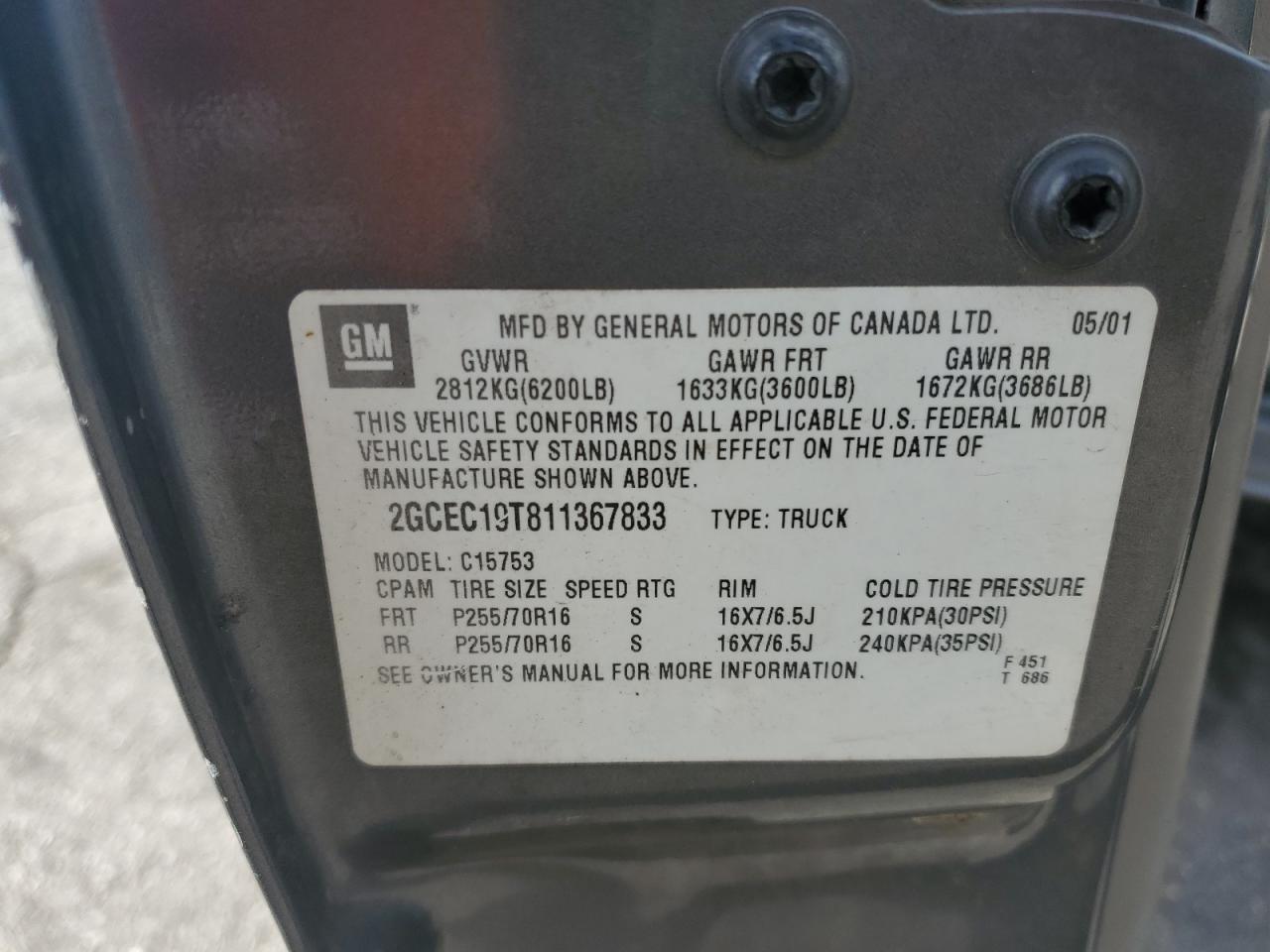 2001 Chevrolet Silverado C1500 VIN: 2GCEC19T811367833 Lot: 81670605