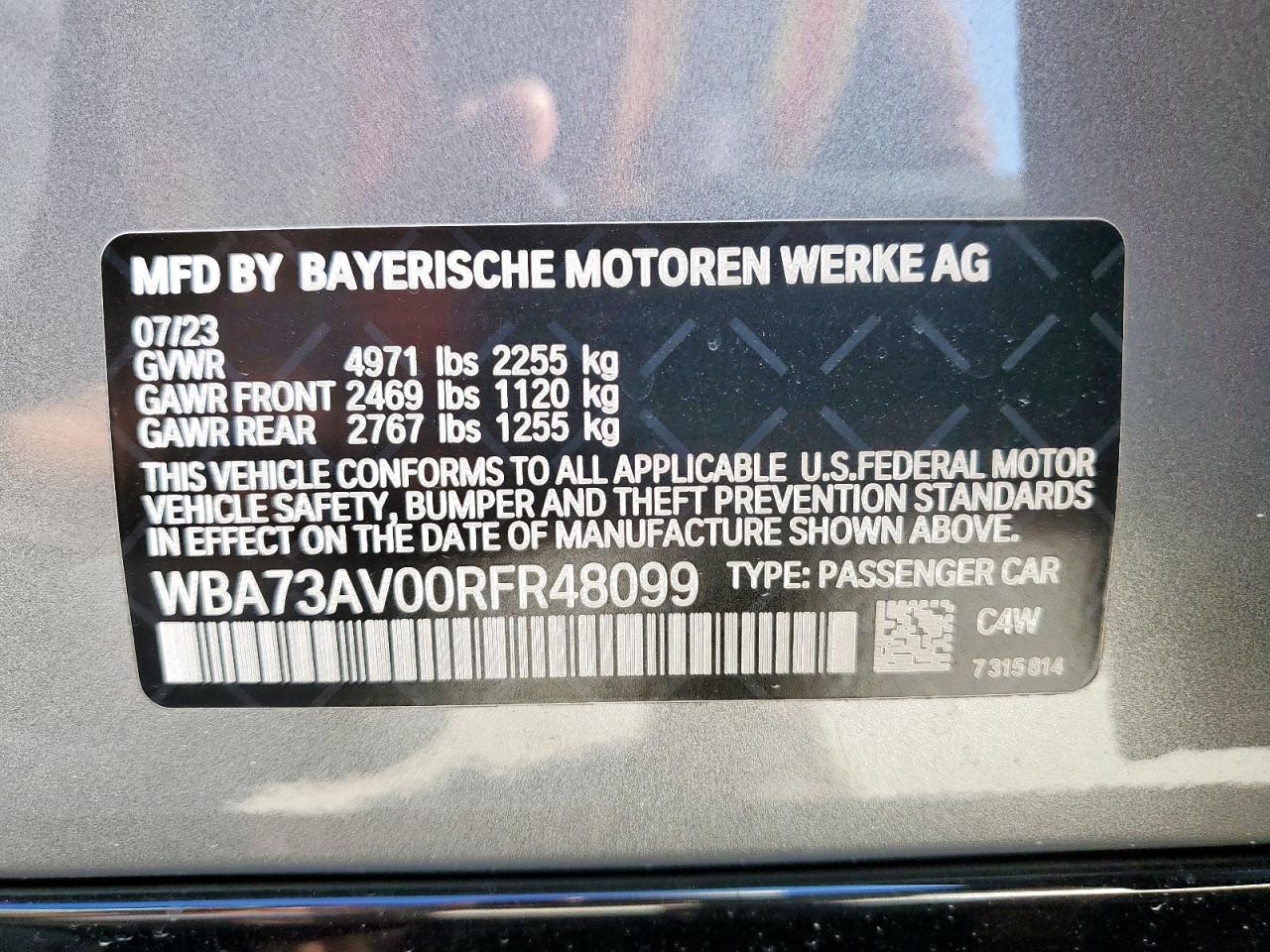 2024 BMW 430Xi Gran Coupe VIN: WBA73AV00RFR48099 Lot: 71090435