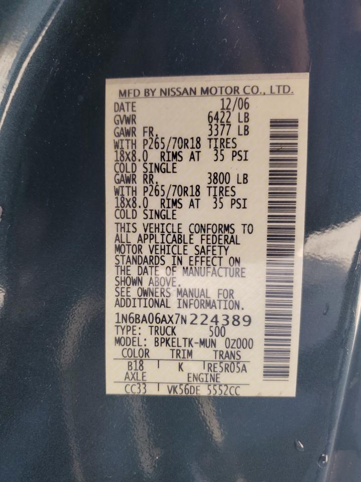 2007 Nissan Titan Xe VIN: 1N6BA06AX7N224389 Lot: 71218765