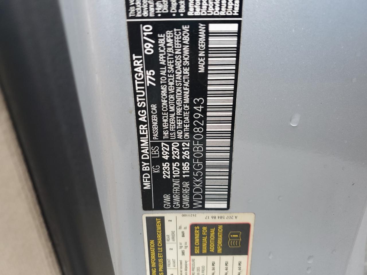 2011 Mercedes-Benz E 350 VIN: WDDKK5GF0BF082943 Lot: 80801865