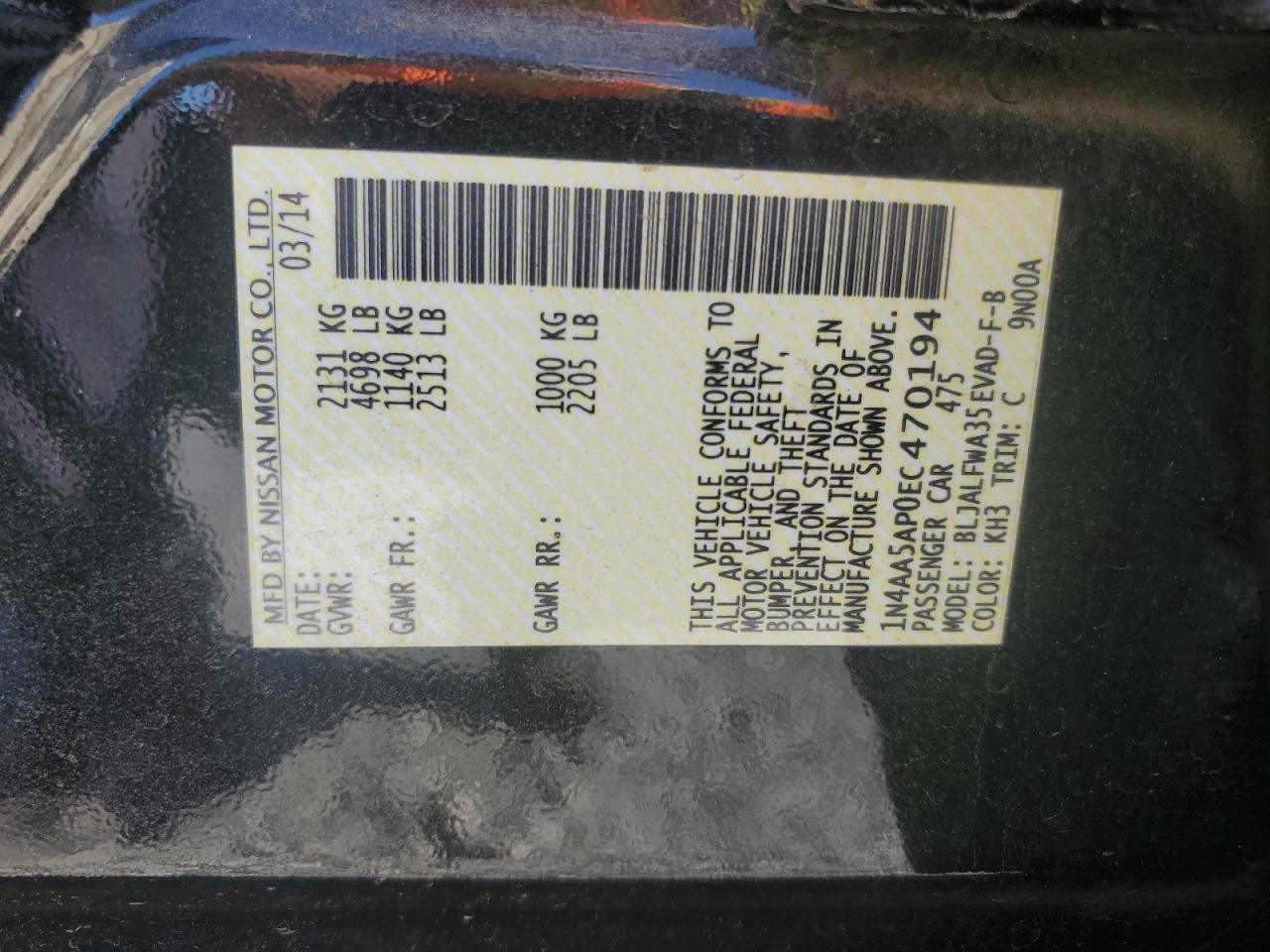 2014 Nissan Maxima S VIN: 1N4AA5AP0EC470194 Lot: 81789965