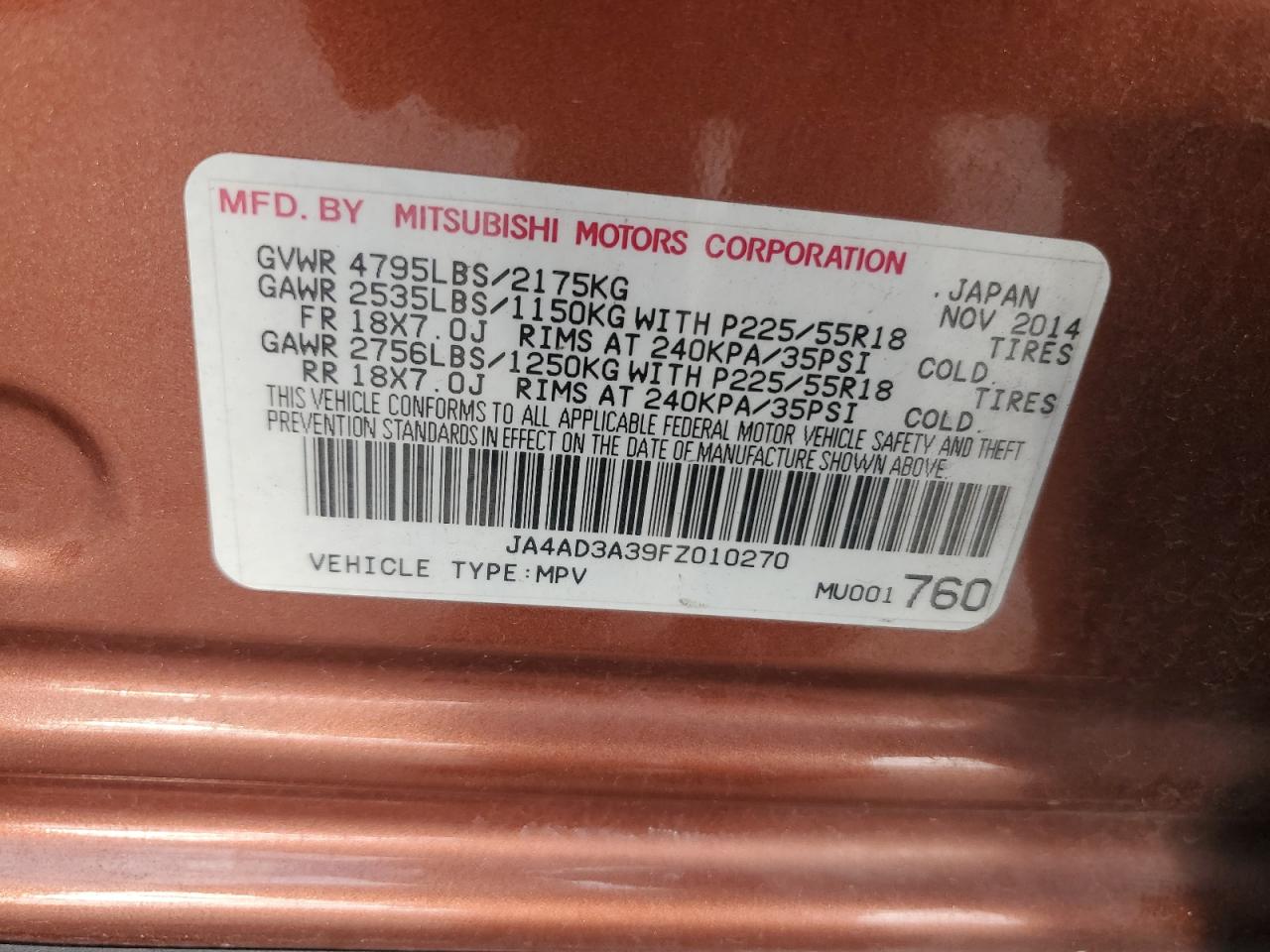 2015 Mitsubishi Outlander Se VIN: JA4AD3A39FZ010270 Lot: 82130745