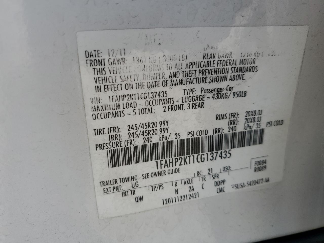 2012 Ford Taurus Sho VIN: 1FAHP2KT1CG137435 Lot: 80919995