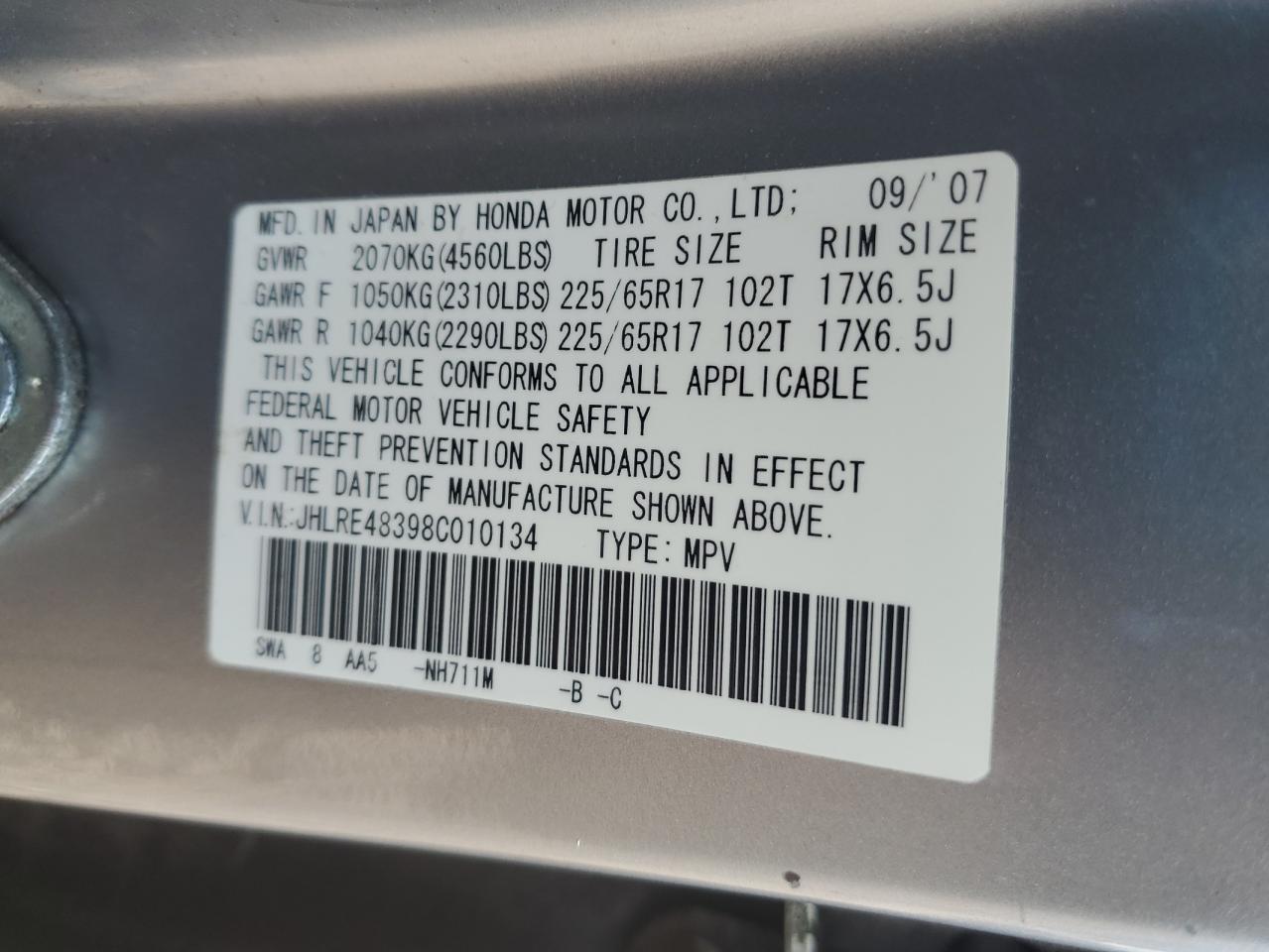 2008 Honda Cr-V Lx VIN: JHLRE48398C010134 Lot: 80891565