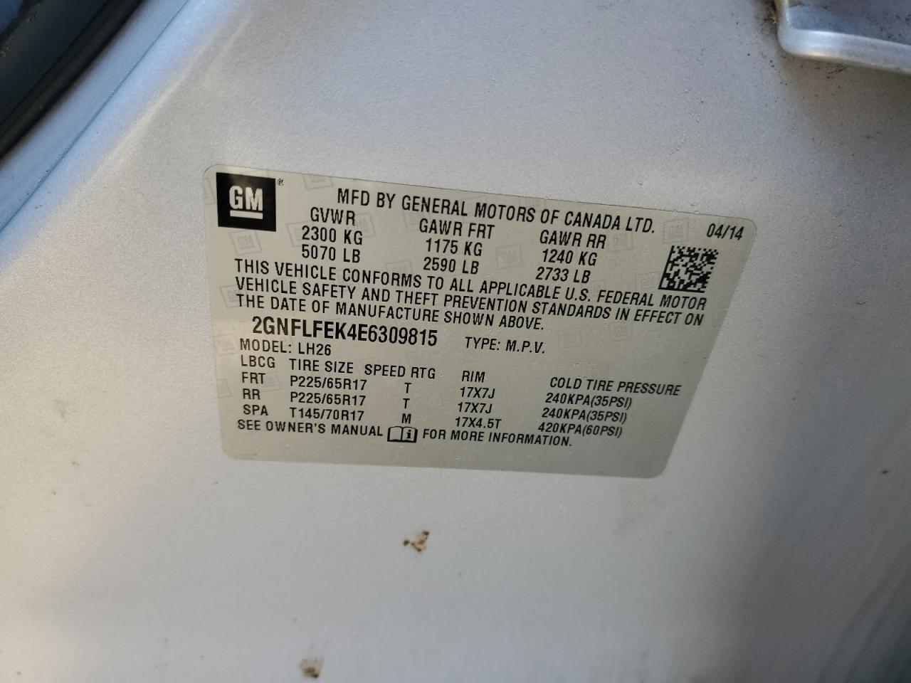 2014 Chevrolet Equinox Lt VIN: 2GNFLFEK4E6309815 Lot: 69452315