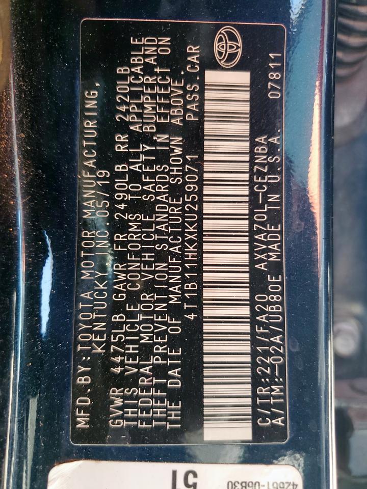 2019 Toyota Camry L VIN: 4T1B11HKXKU259071 Lot: 80237425