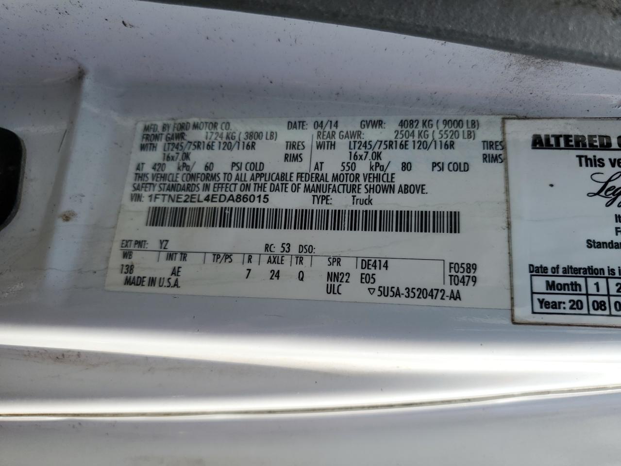 2014 Ford Econoline E250 Van VIN: 1FTNE2EL4EDA86015 Lot: 81234965