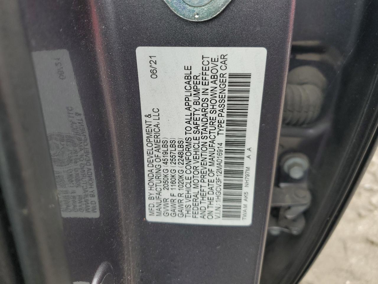 2021 Honda Accord Hybrid VIN: 1HGCV3F12MA016914 Lot: 71770125