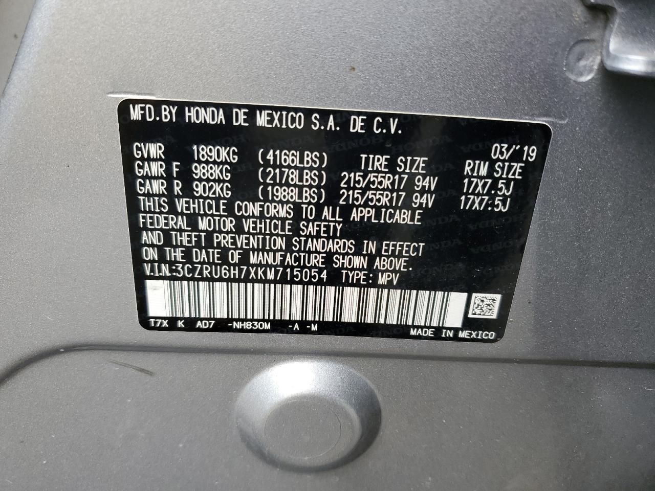2019 Honda Hr-V Exl VIN: 3CZRU6H7XKM715054 Lot: 80070705