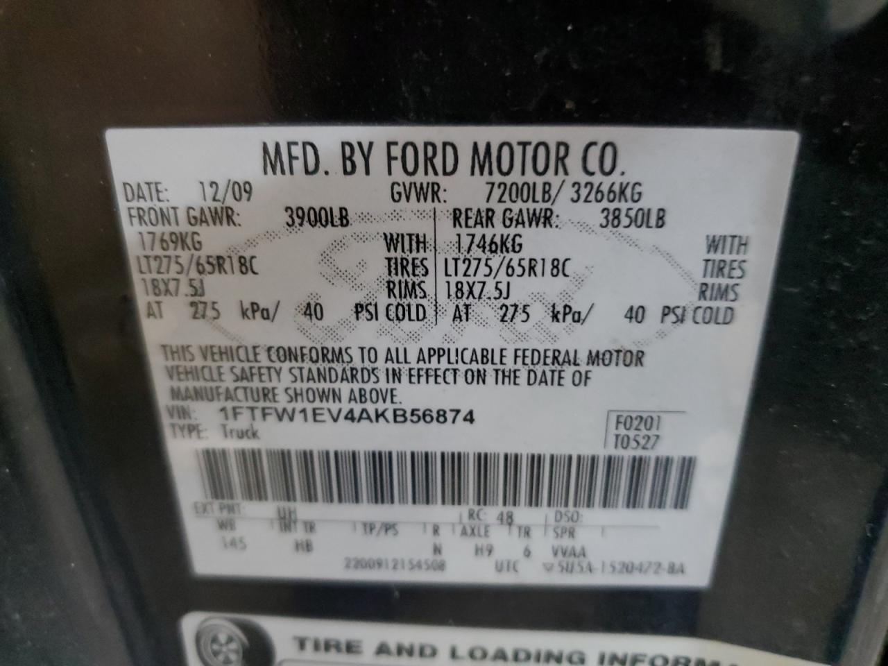 2010 Ford F150 Supercrew VIN: 1FTFW1EV4AKB56874 Lot: 81451505