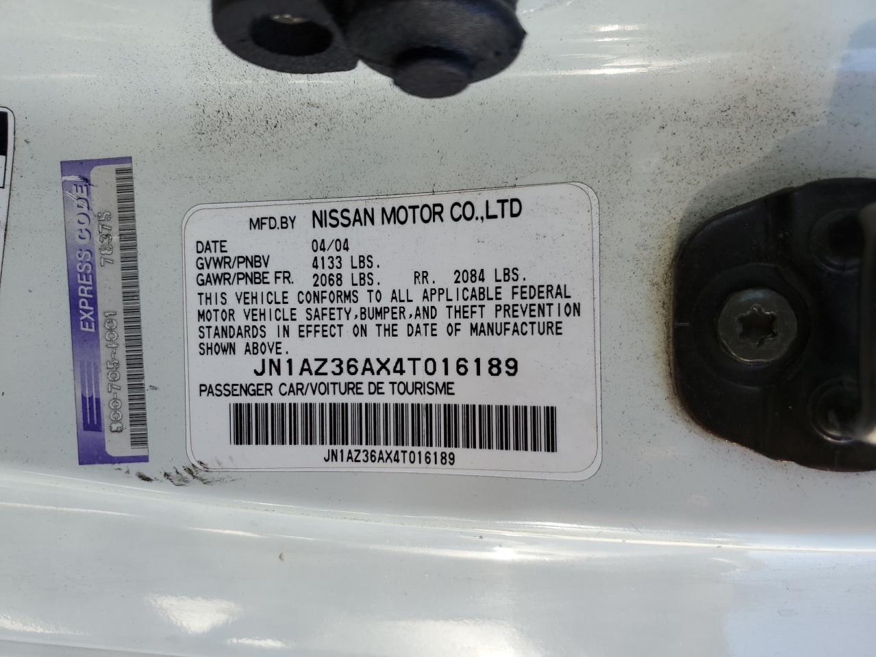 2004 Nissan 350Z Roadster VIN: JN1AZ36AX4T016189 Lot: 71859905