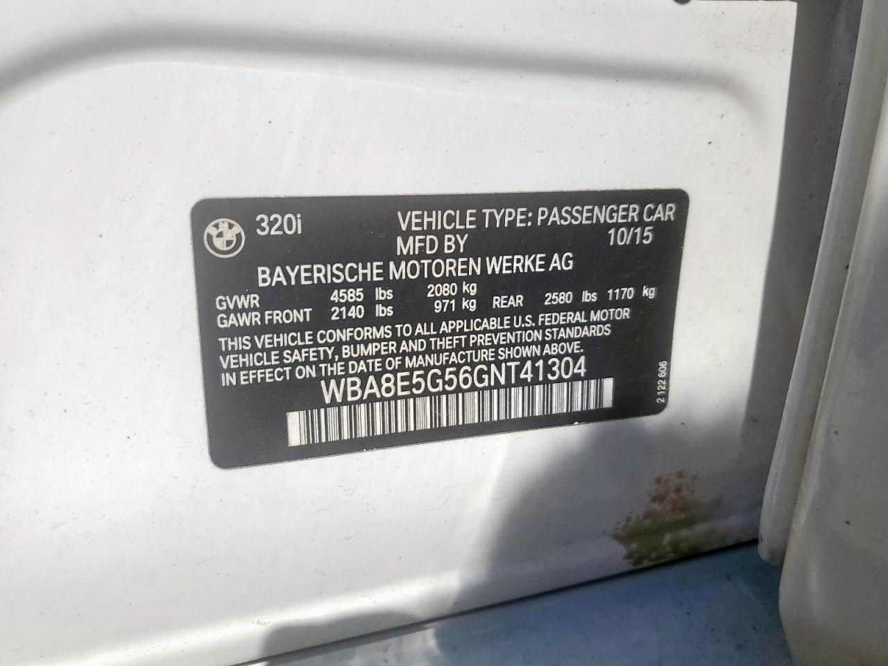 2016 BMW 320 Xi VIN: WBA8E5G56GNT41304 Lot: 80869215