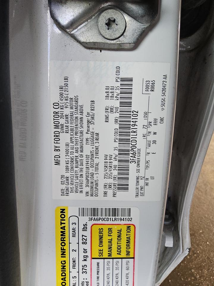 2020 Ford Fusion Sel VIN: 3FA6P0CD1LR194102 Lot: 80922775