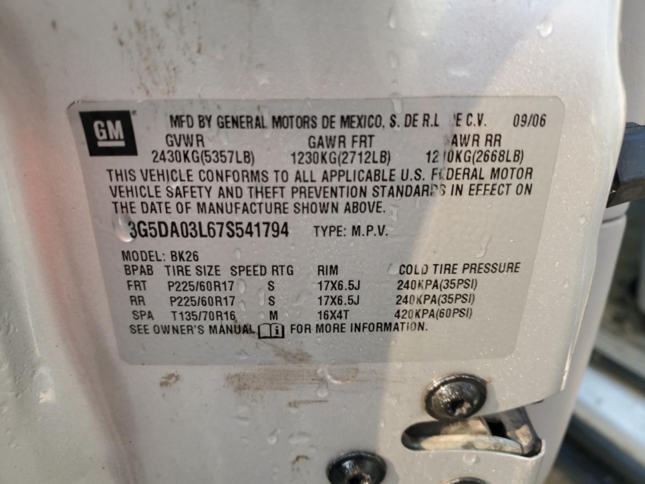 2007 Buick Rendezvous Cx VIN: 3G5DA03L67S541794 Lot: 71402195