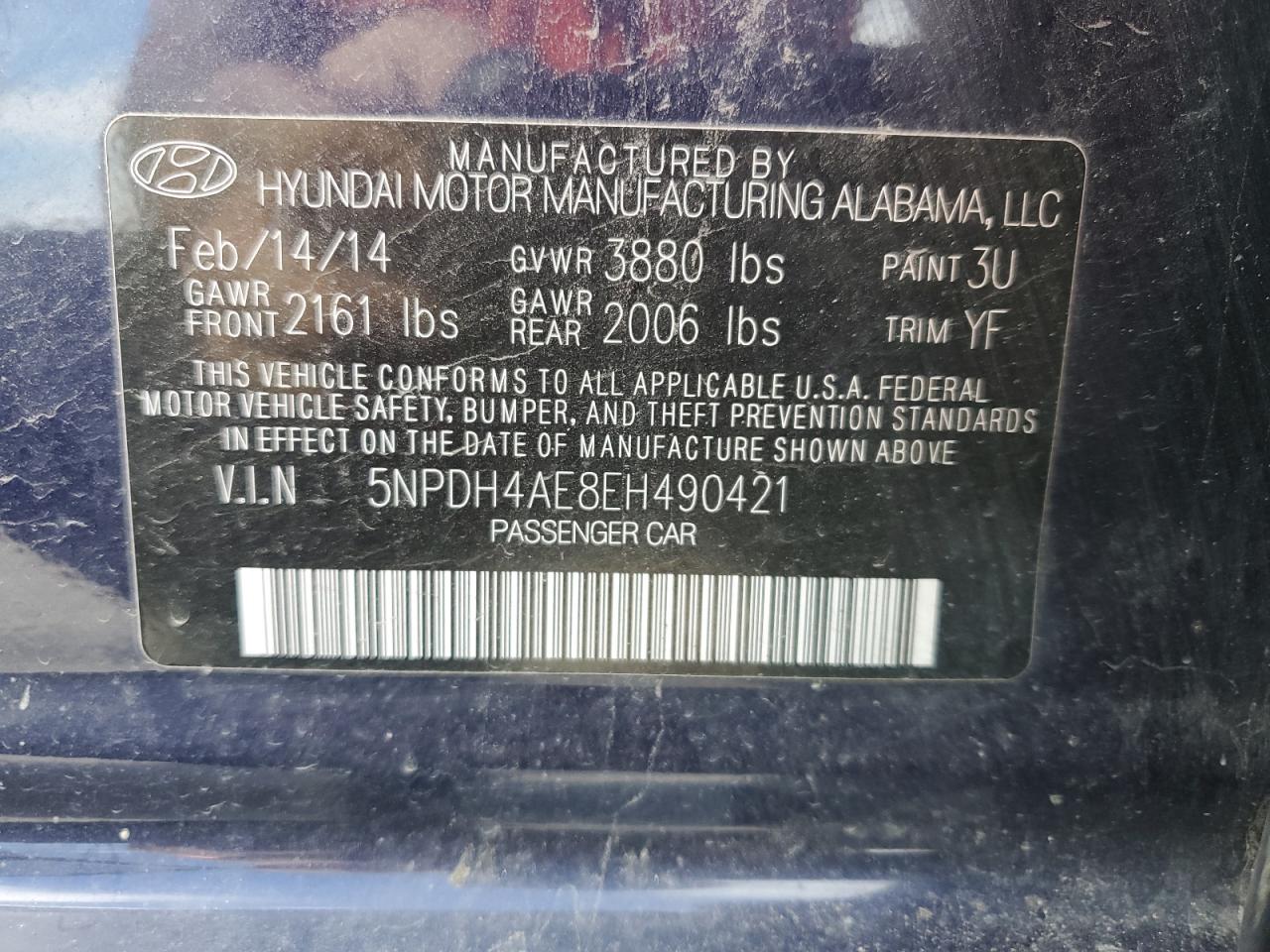 2014 Hyundai Elantra Se VIN: 5NPDH4AE8EH490421 Lot: 80902465