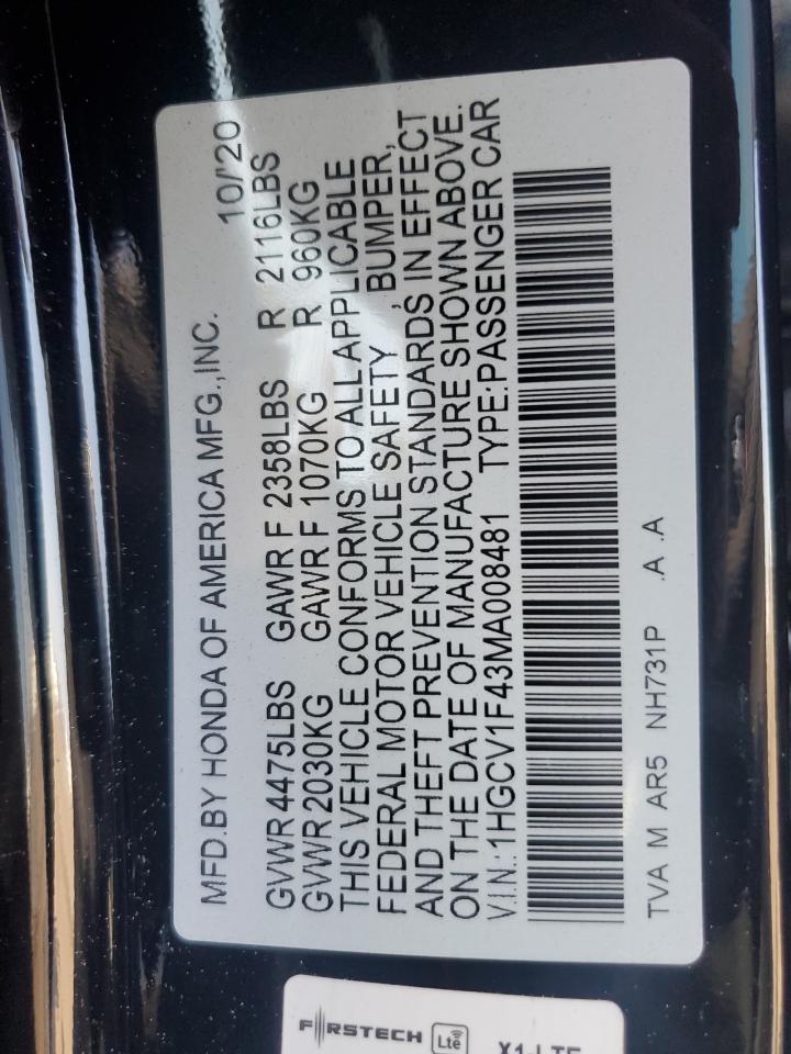 2021 Honda Accord Sport Se VIN: 1HGCV1F43MA008481 Lot: 71138005