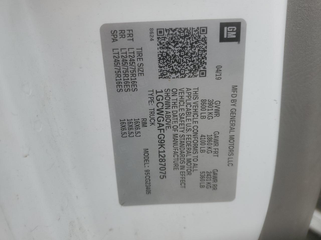 2019 Chevrolet Express G2500 VIN: 1GCWGAFG9K1287075 Lot: 80058035