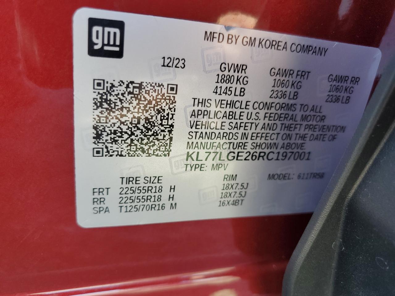 2024 Chevrolet Trax 1Rs VIN: KL77LGE26RC197001 Lot: 82091395