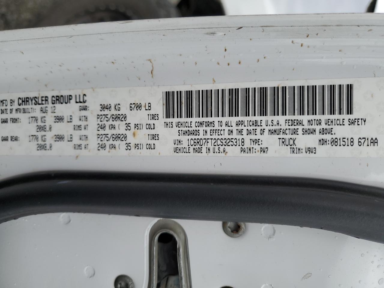 2012 Dodge Ram 1500 St VIN: 1C6RD7FT2CS325318 Lot: 80840095